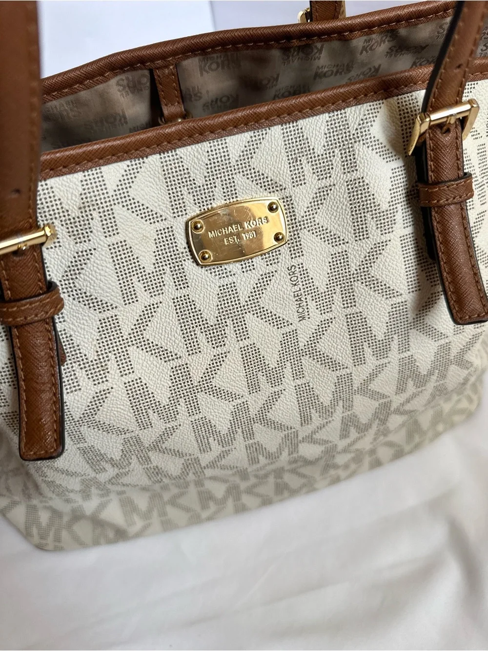 Bundle (2)Michael Kors Cream Logo Tote and Taupe Leather Hobo
